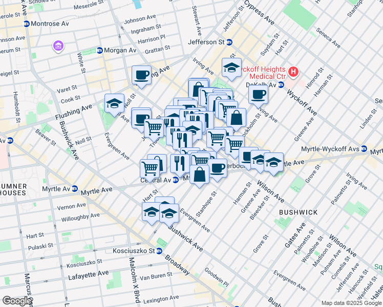 map of restaurants, bars, coffee shops, grocery stores, and more near 174 Suydam Street in Brooklyn