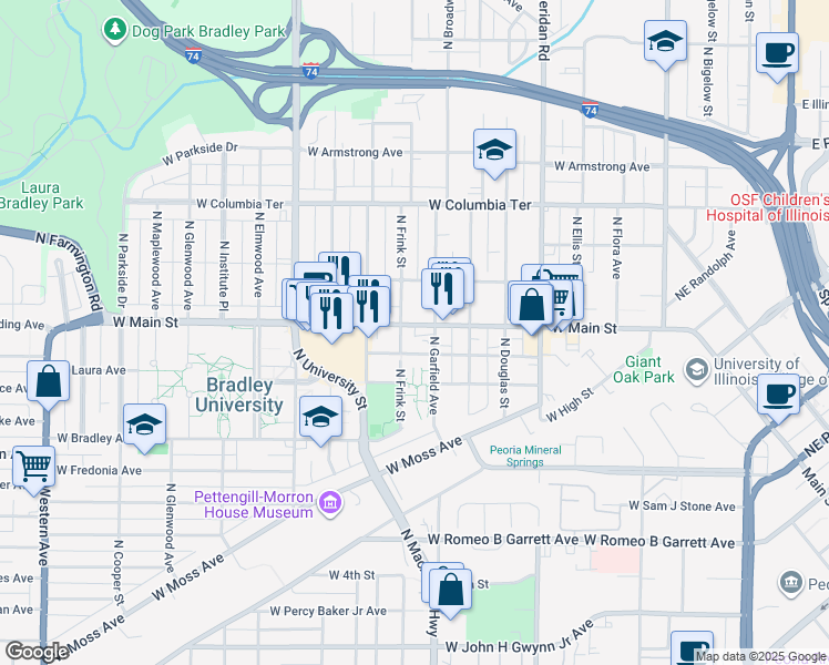 map of restaurants, bars, coffee shops, grocery stores, and more near 906 West Main Street in Peoria