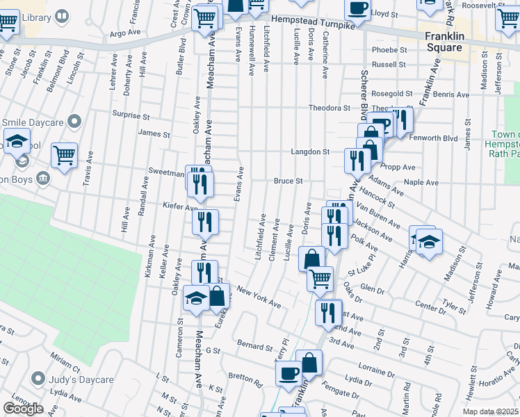 map of restaurants, bars, coffee shops, grocery stores, and more near 340 Litchfield Avenue in Elmont