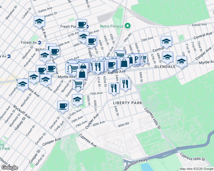 map of restaurants, bars, coffee shops, grocery stores, and more near 74-23 62nd Street in Queens