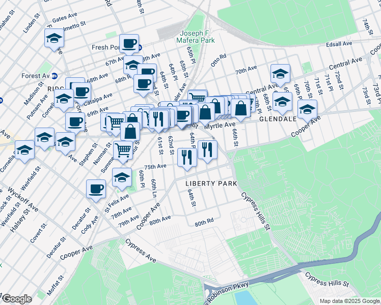 map of restaurants, bars, coffee shops, grocery stores, and more near 74-28 64th Place in Queens