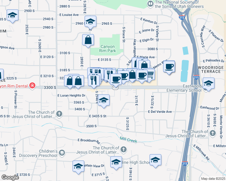 map of restaurants, bars, coffee shops, grocery stores, and more near 3316 South 3040 East in Salt Lake City