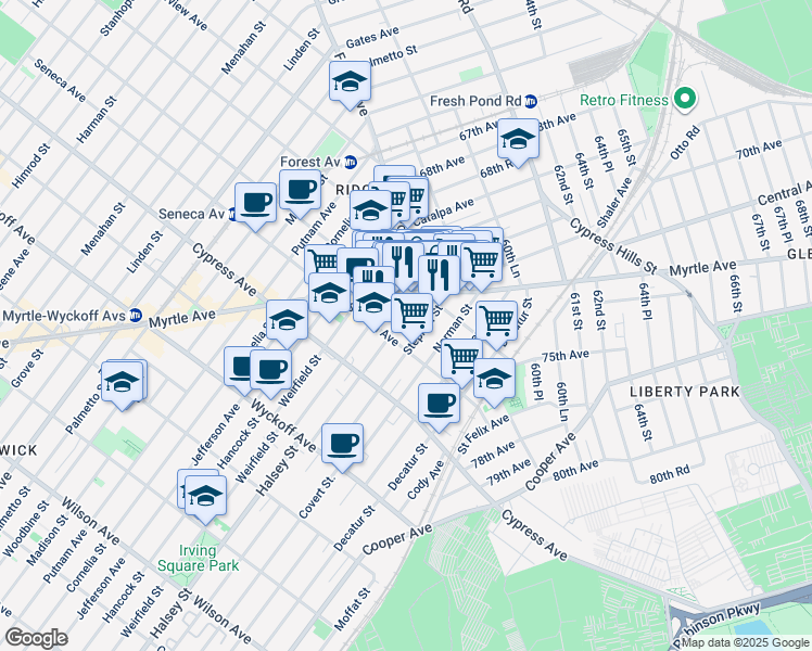 map of restaurants, bars, coffee shops, grocery stores, and more near 18-18 George Street in Queens