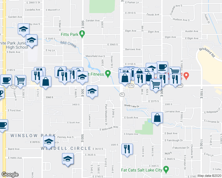 map of restaurants, bars, coffee shops, grocery stores, and more near 654 Utah 171 in South Salt Lake