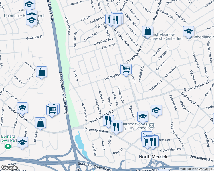 map of restaurants, bars, coffee shops, grocery stores, and more near 853 Shari Lane in East Meadow