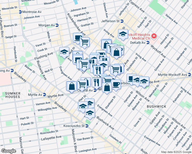 map of restaurants, bars, coffee shops, grocery stores, and more near 1039 Willoughby Avenue in Brooklyn