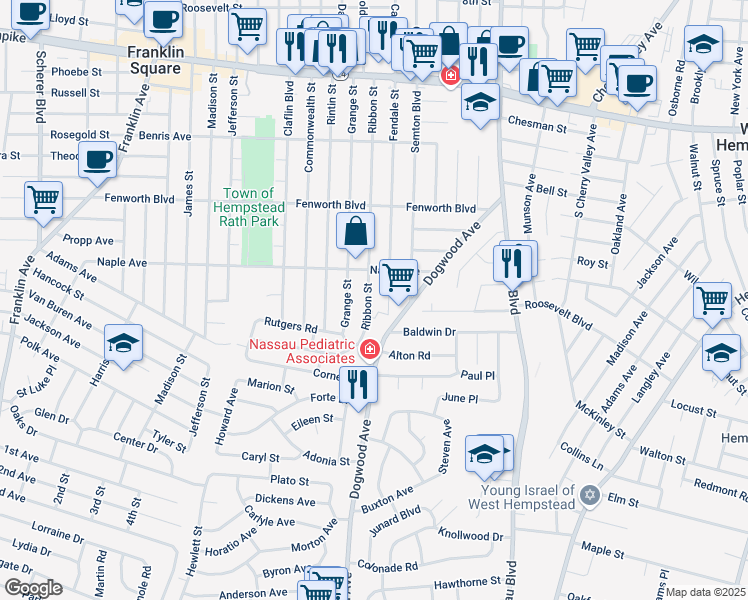 map of restaurants, bars, coffee shops, grocery stores, and more near 297 Ribbon Street in Franklin Square