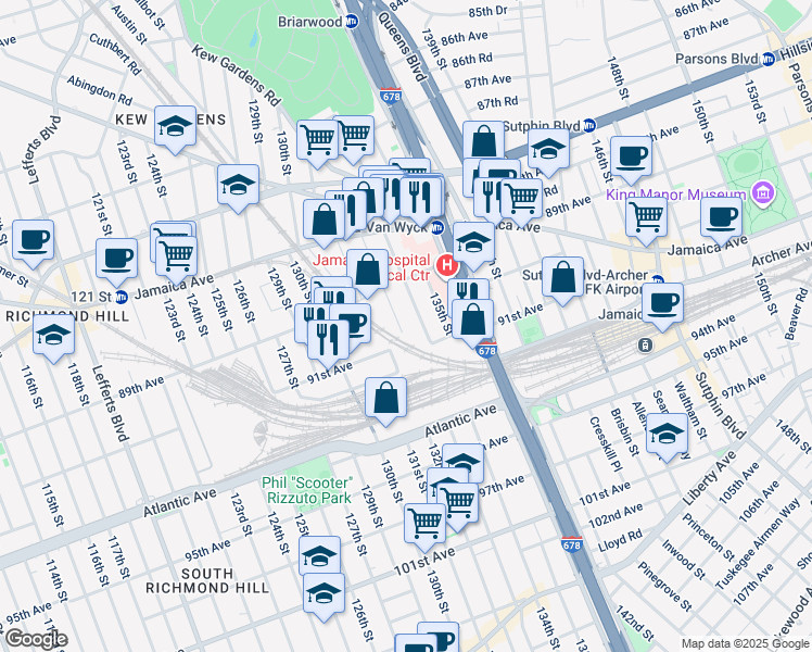 map of restaurants, bars, coffee shops, grocery stores, and more near 89-43 133rd Street in Queens