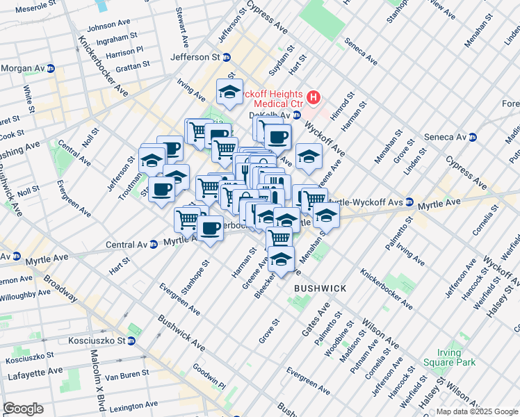 map of restaurants, bars, coffee shops, grocery stores, and more near 180 Stanhope Street in Brooklyn
