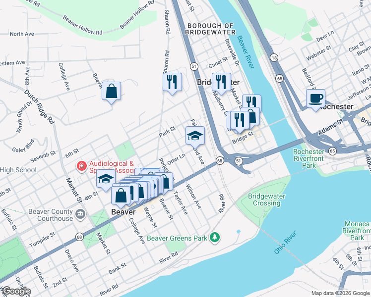 map of restaurants, bars, coffee shops, grocery stores, and more near 235 4th Street in Beaver