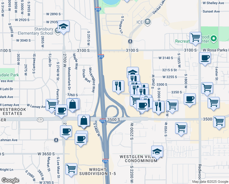 map of restaurants, bars, coffee shops, grocery stores, and more near 2310 City Center Court in West Valley City
