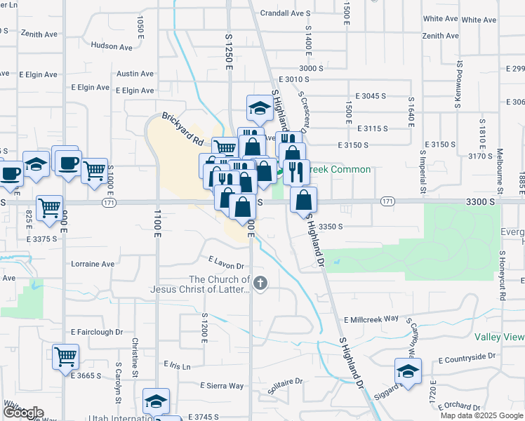 map of restaurants, bars, coffee shops, grocery stores, and more near 1320 East 3300 South in Millcreek