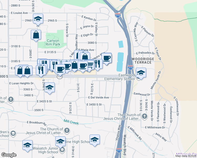 map of restaurants, bars, coffee shops, grocery stores, and more near 3311 South Valley Street in Salt Lake City