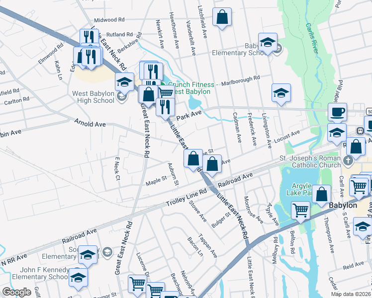 map of restaurants, bars, coffee shops, grocery stores, and more near 220 Highway 109 in West Babylon