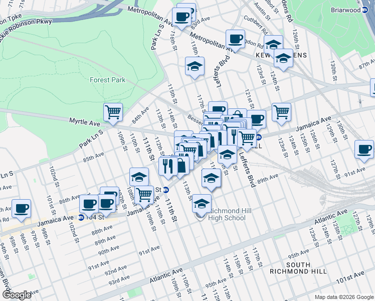 map of restaurants, bars, coffee shops, grocery stores, and more near 86-05 115th Street in Queens