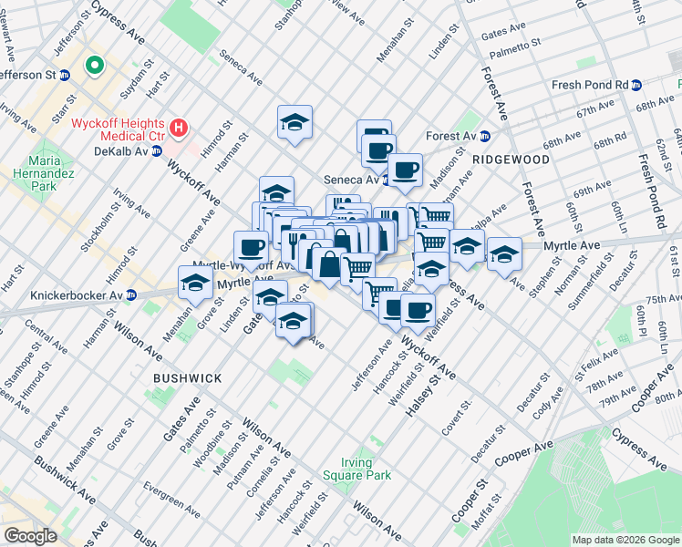 map of restaurants, bars, coffee shops, grocery stores, and more near 54-32 Myrtle Avenue in Queens