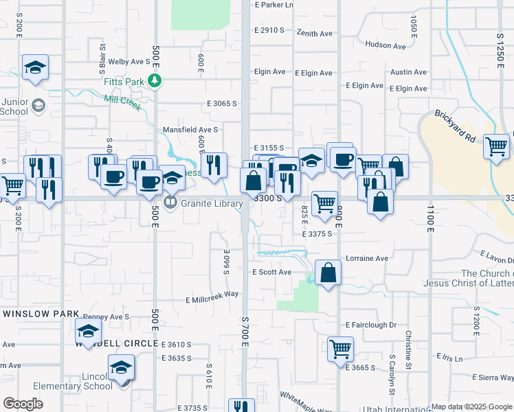 map of restaurants, bars, coffee shops, grocery stores, and more near 3313 South Scott Court in Millcreek