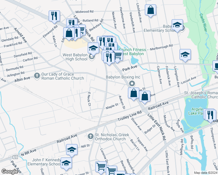 map of restaurants, bars, coffee shops, grocery stores, and more near 363 Great East Neck Road in West Babylon