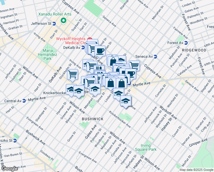 map of restaurants, bars, coffee shops, grocery stores, and more near 293 Irving Avenue in Brooklyn