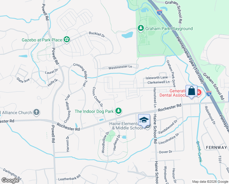 map of restaurants, bars, coffee shops, grocery stores, and more near 389 Romford Lane in Cranberry Township