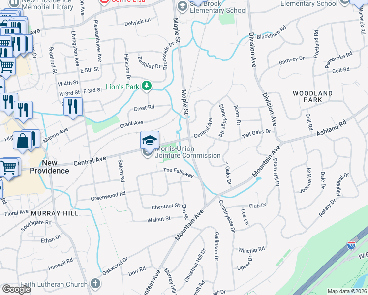 map of restaurants, bars, coffee shops, grocery stores, and more near 254 Central Avenue in New Providence