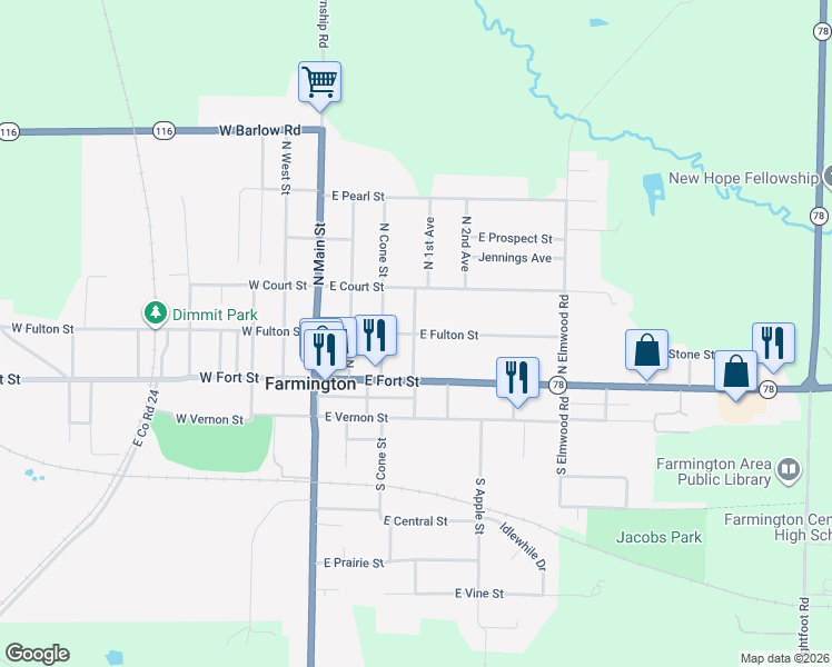 map of restaurants, bars, coffee shops, grocery stores, and more near 301 East Fulton Street in Farmington