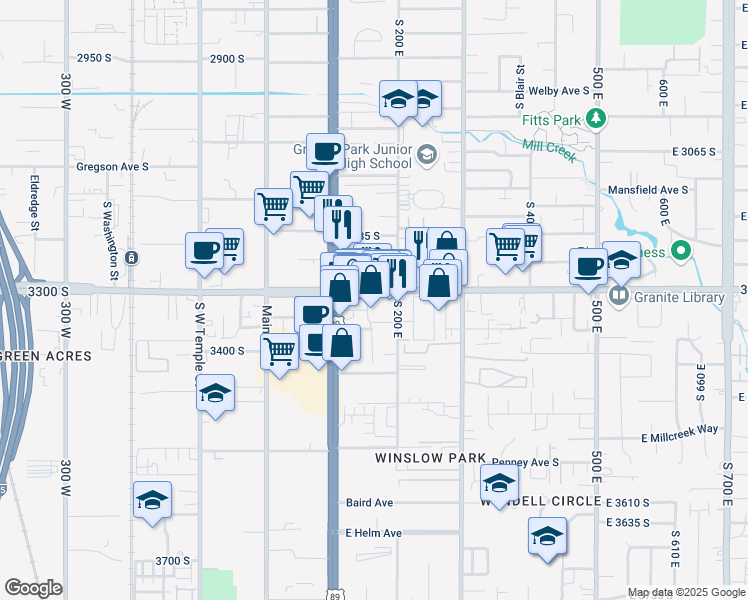 map of restaurants, bars, coffee shops, grocery stores, and more near 150 East 3300 South in South Salt Lake