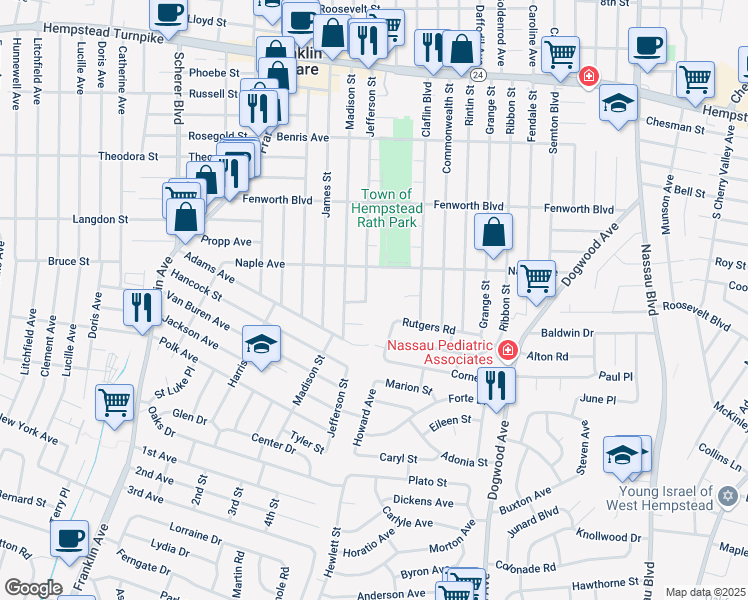 map of restaurants, bars, coffee shops, grocery stores, and more near 301 Jefferson Street in Franklin Square