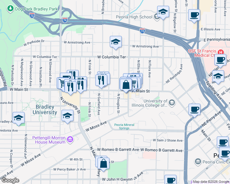 map of restaurants, bars, coffee shops, grocery stores, and more near 804 West Main Street in Peoria