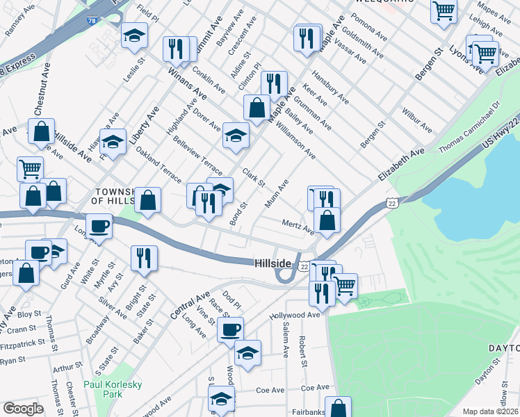 map of restaurants, bars, coffee shops, grocery stores, and more near 1440 Munn Avenue in Hillside