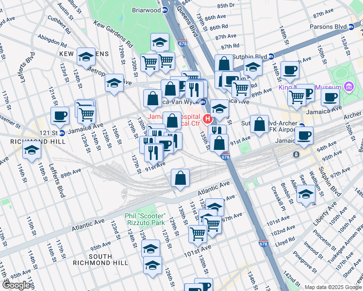 map of restaurants, bars, coffee shops, grocery stores, and more near 89-43 133rd Street in Queens