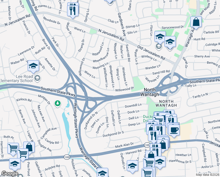 map of restaurants, bars, coffee shops, grocery stores, and more near 235 Willowood Drive in Wantagh