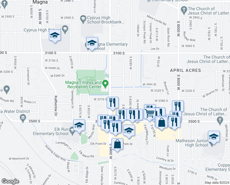 map of restaurants, bars, coffee shops, grocery stores, and more near 8379 West Herzog Avenue in Magna