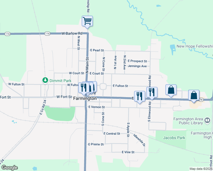 map of restaurants, bars, coffee shops, grocery stores, and more near 200 East Fulton Street in Farmington