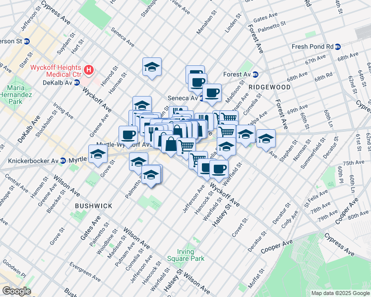 map of restaurants, bars, coffee shops, grocery stores, and more near 54-32 Myrtle Avenue in Queens