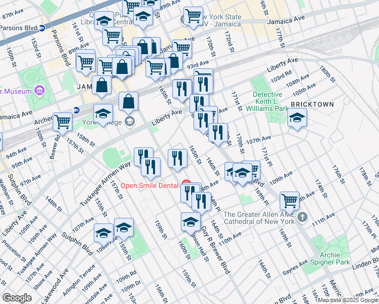 map of restaurants, bars, coffee shops, grocery stores, and more near 104-33 164th Place in Queens