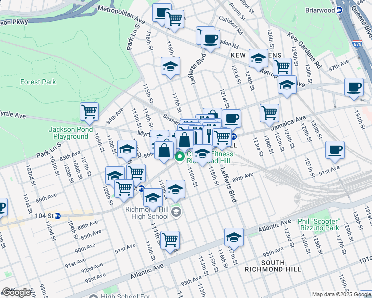 map of restaurants, bars, coffee shops, grocery stores, and more near 86-25 116th Street in Queens