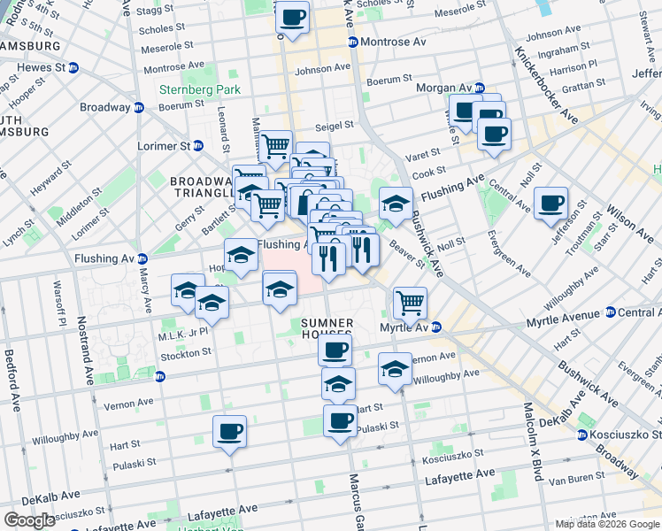 map of restaurants, bars, coffee shops, grocery stores, and more near 281 Ellery Street in Brooklyn