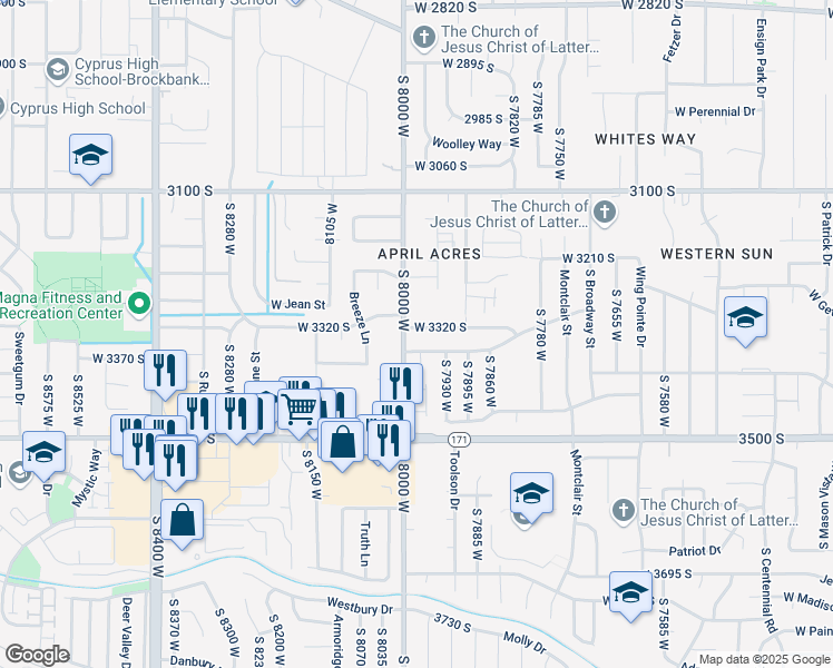 map of restaurants, bars, coffee shops, grocery stores, and more near 7979 West 3320 South in Magna