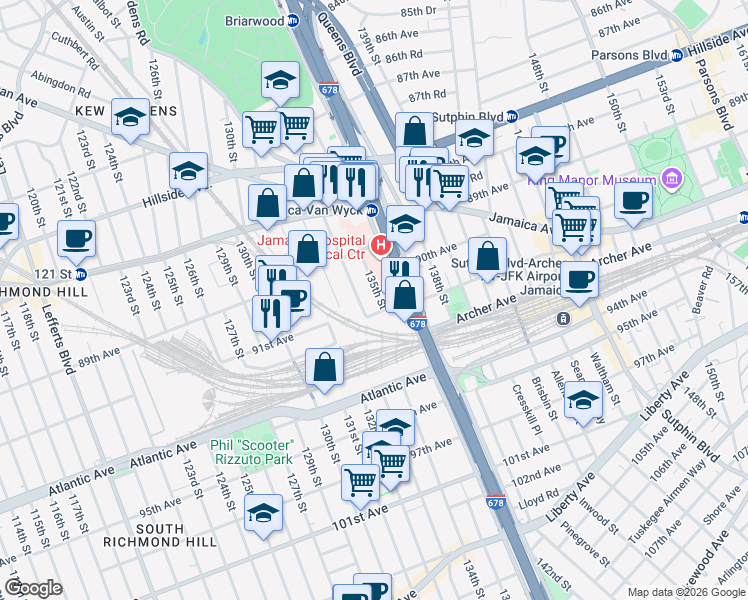 map of restaurants, bars, coffee shops, grocery stores, and more near 89-56 135th Street in Queens