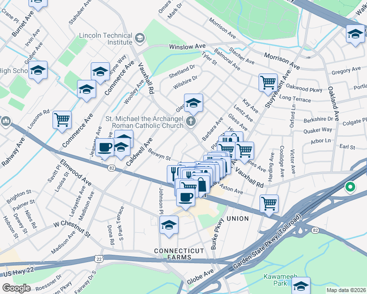 map of restaurants, bars, coffee shops, grocery stores, and more near 24 Dengler Court in Union