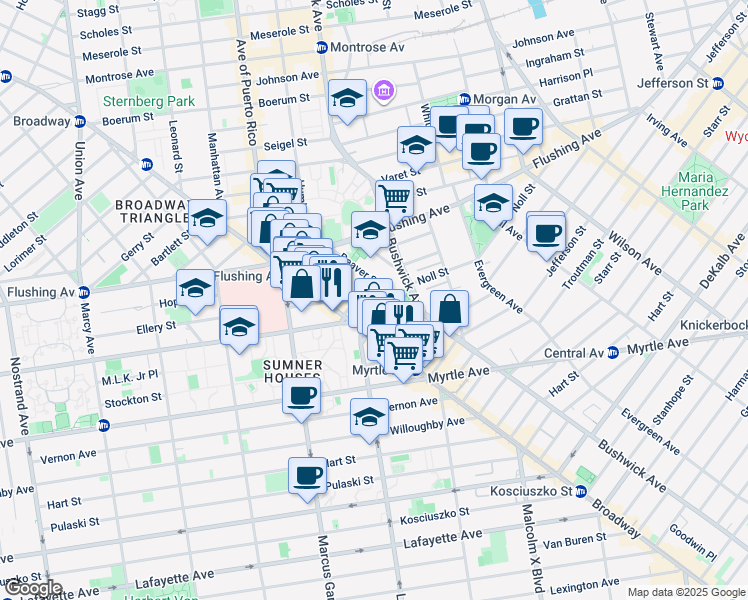 map of restaurants, bars, coffee shops, grocery stores, and more near 24 Park Street in Brooklyn