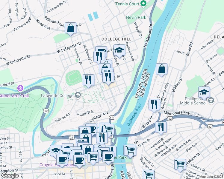 map of restaurants, bars, coffee shops, grocery stores, and more near 133 Cattell Street in Easton