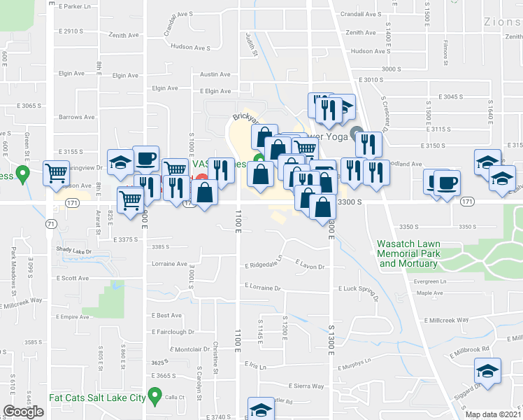 map of restaurants, bars, coffee shops, grocery stores, and more near 1156 3300 South in Millcreek