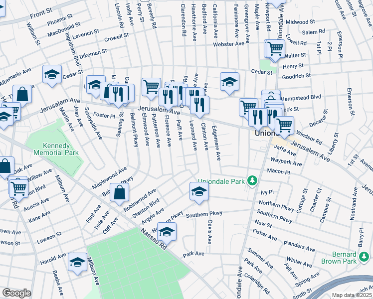 map of restaurants, bars, coffee shops, grocery stores, and more near 615 Paff Avenue in Uniondale