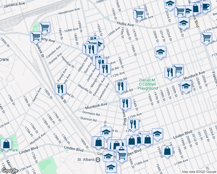 map of restaurants, bars, coffee shops, grocery stores, and more near 33 Hannibal Street in Queens