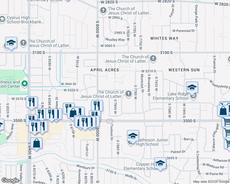 map of restaurants, bars, coffee shops, grocery stores, and more near 7899 West 3320 South in Magna