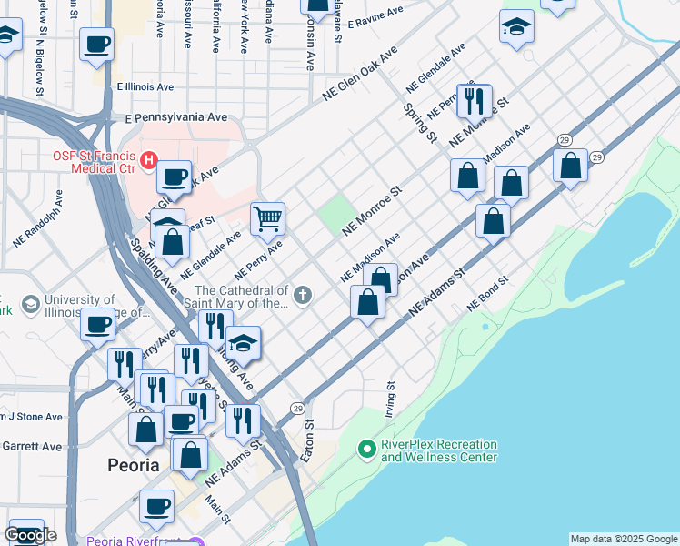 map of restaurants, bars, coffee shops, grocery stores, and more near 809 Northeast Madison Avenue in Peoria