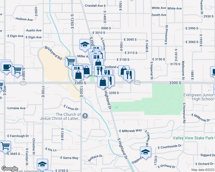 map of restaurants, bars, coffee shops, grocery stores, and more near 1430 3300 South in Salt Lake City