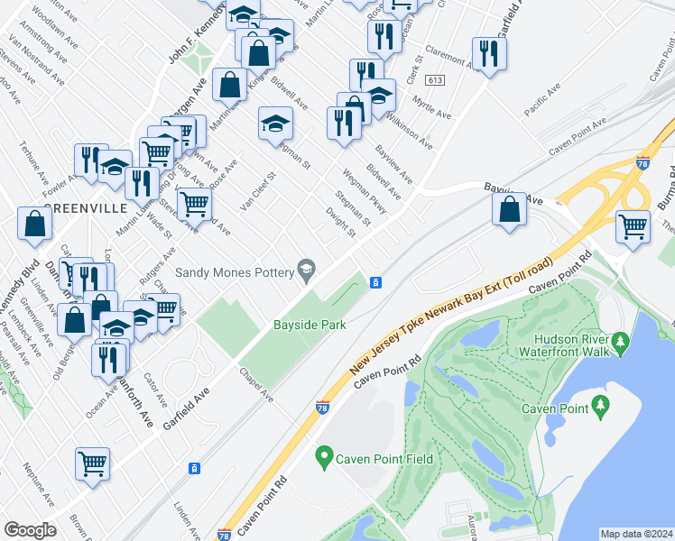 map of restaurants, bars, coffee shops, grocery stores, and more near 538 Garfield Avenue in Jersey City